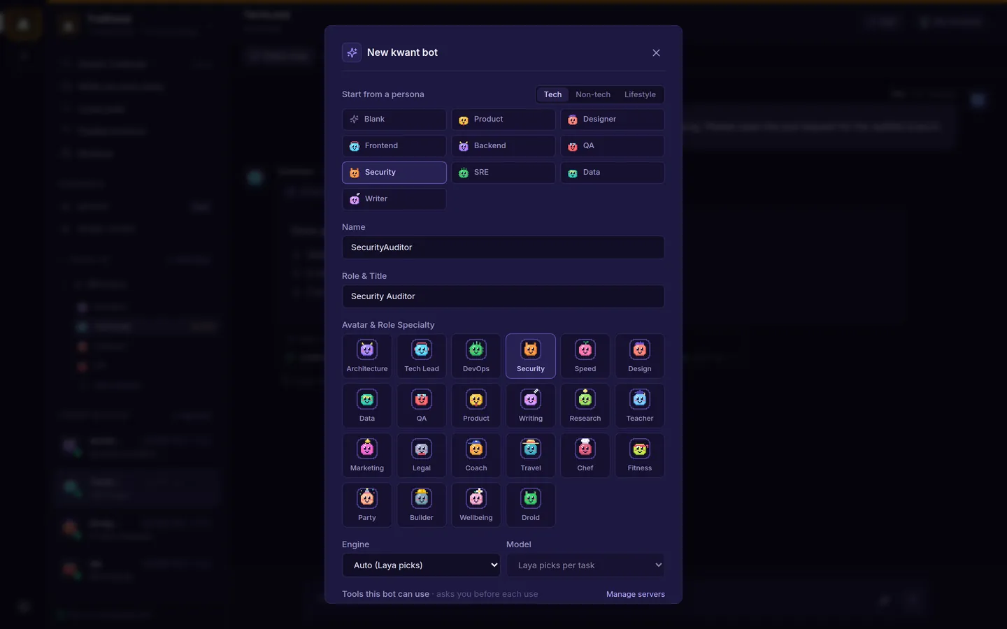 The New bot dialog with the Security preset picked, showing Tech, Non-tech and Lifestyle tabs and the avatar grid.