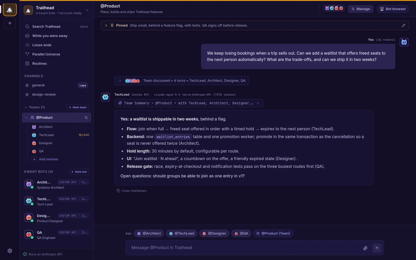 The Product team chat. A question about adding a trip waitlist, a collapsed "Team discussed, 4 turns" fold, and TechLead's summary covering flow, backend, hold length, UI and the release gate.