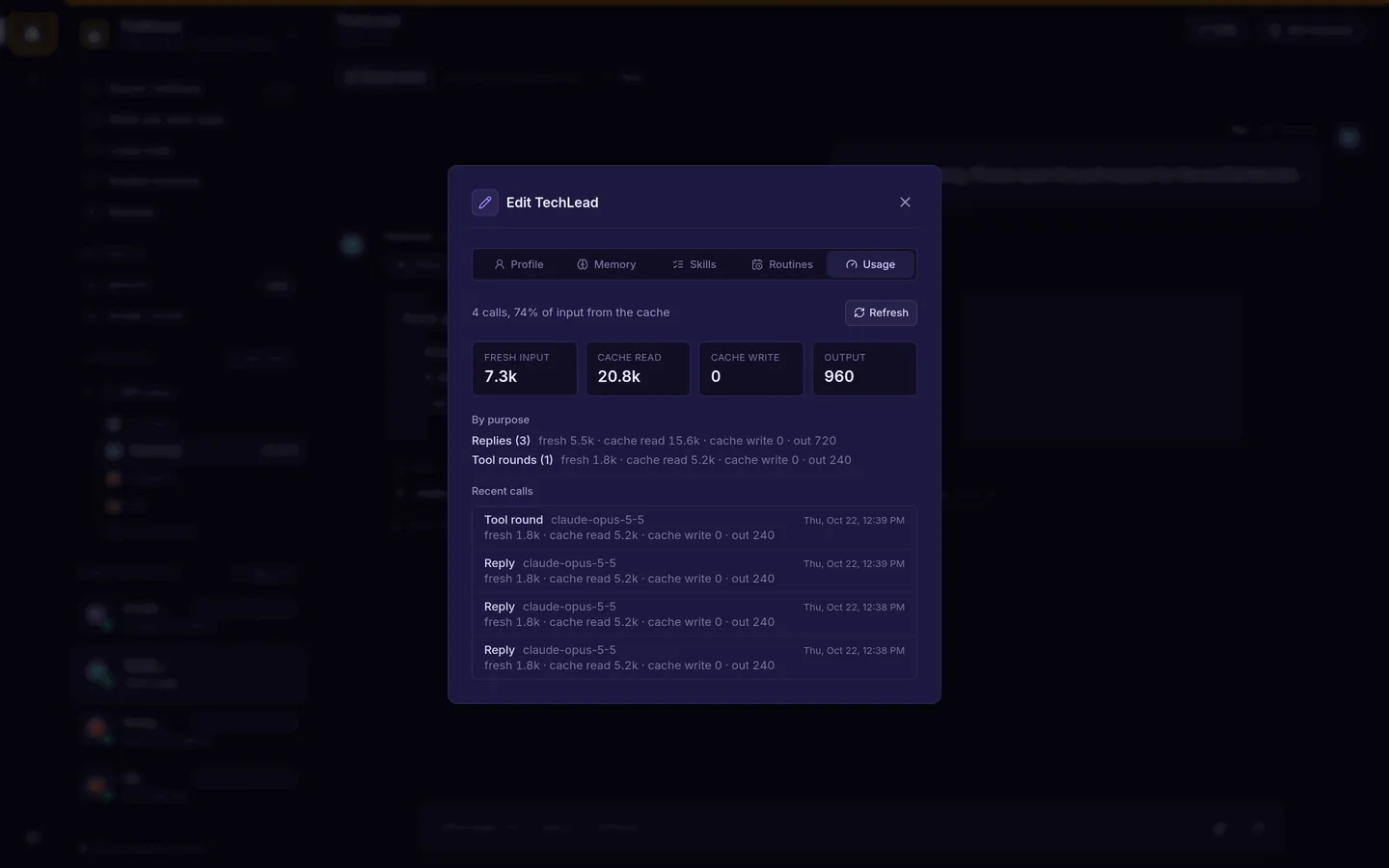 A bot's Usage tab showing calls, cache share, fresh, cached and output tokens, a breakdown by purpose and recent calls.