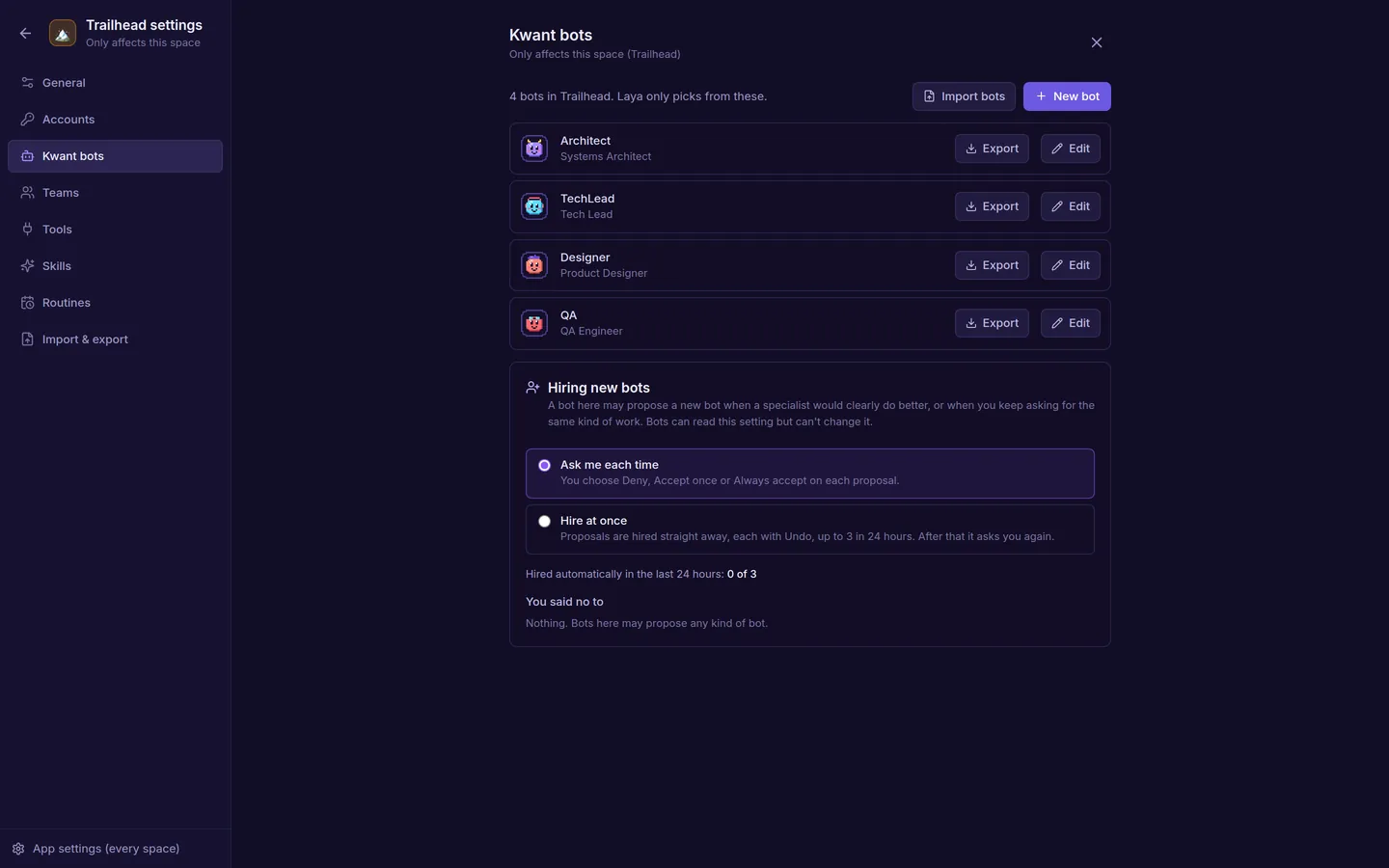 Space settings, Kwant bots tab: the bot list with Export and Edit, and the hiring rule, Ask me each time or Hire at once, with 0 of 3 automatic hires used in 24 hours.