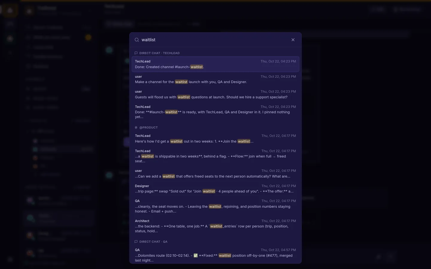 Search for "waitlist" across every chat in the space, with highlighted hits grouped by chat.