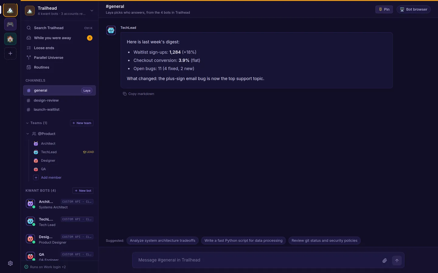 The space rail with three spaces, Trailhead, Pixel Quest and Home, each with its own icon and colour. Trailhead is open on #general.
